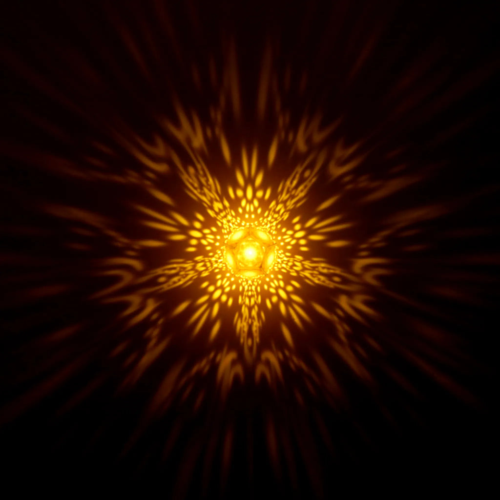 MikhaLuma Logos dodecahedron lantern in Amber style, warm amber light washing a wall