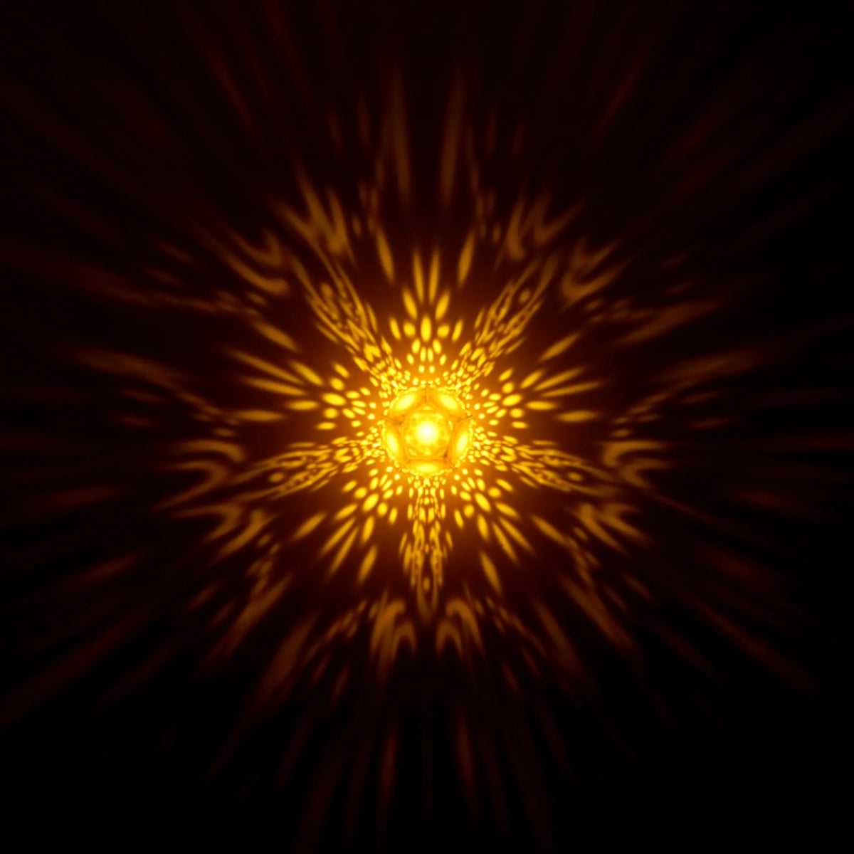MikhaLuma Logos dodecahedron lantern in Amber style, warm amber light washing a wall