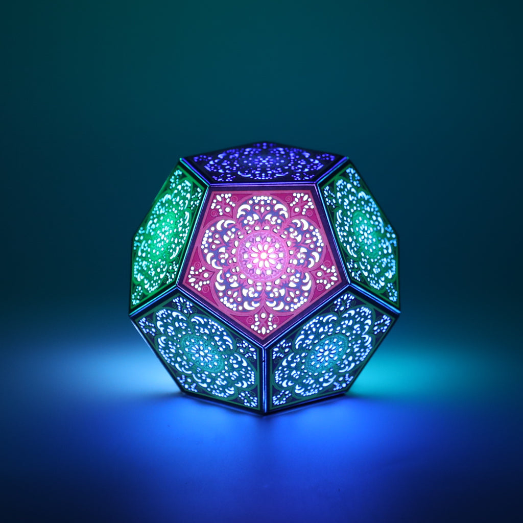 MikhaLuma Logos dodecahedron lantern in Glow style, glowing softly from within