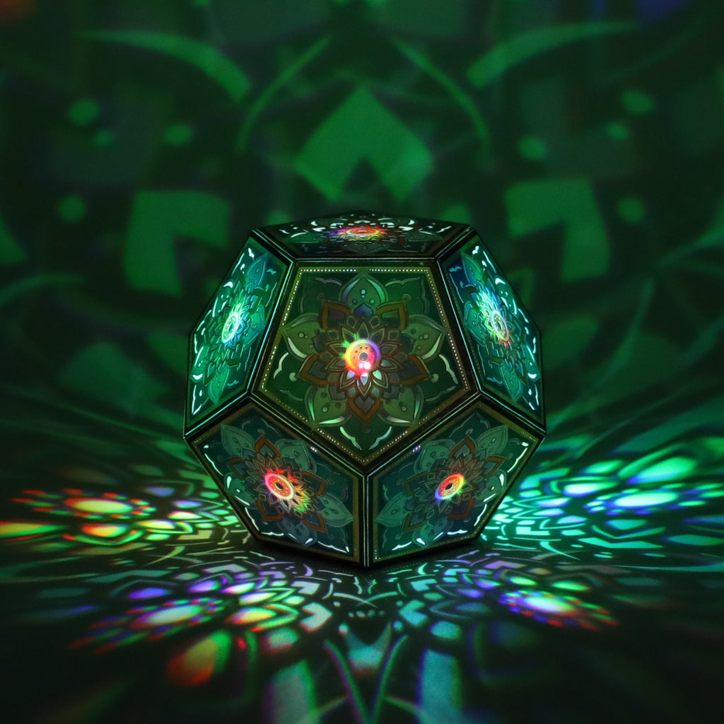 MikhaLuma Telos dodecahedron lantern in Shadow Caster style, casting geometric light patterns across a dark room