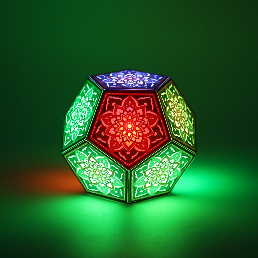 MikhaLuma Telos dodecahedron lantern in Glow style, glowing softly from within