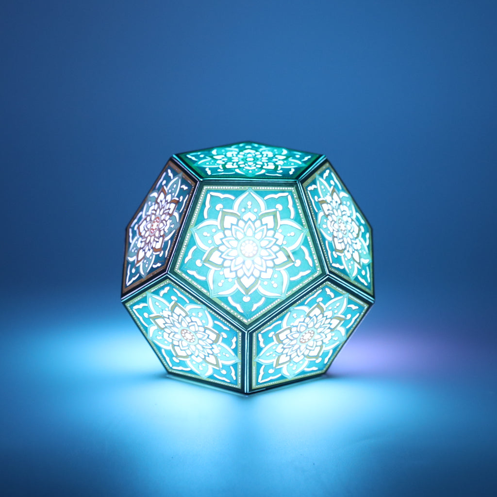 MikhaLuma Telos dodecahedron lantern in Glow style, glowing softly from within
