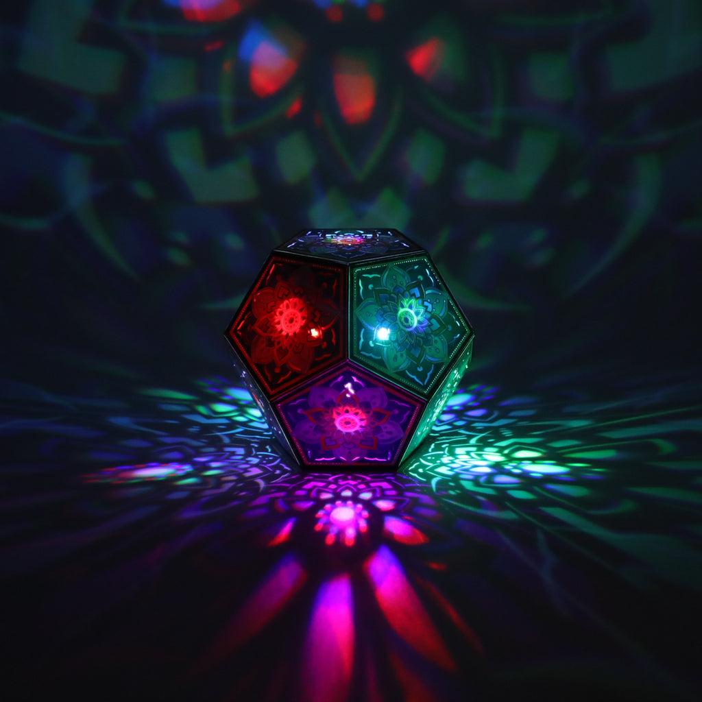 MikhaLuma Telos dodecahedron lantern in Shadow Caster style, casting geometric light patterns across a dark room