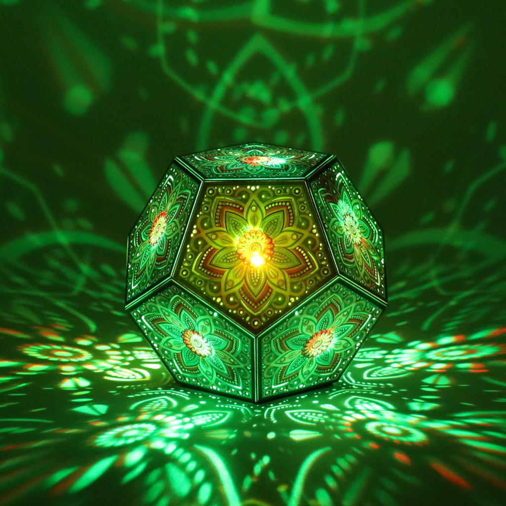 MikhaLuma Xenia dodecahedron lantern in Shadow Caster style, casting geometric light patterns across a dark room