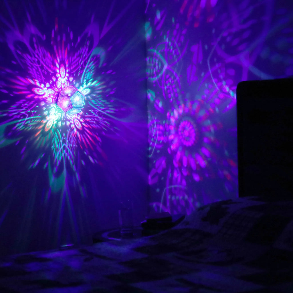 MikhaLuma Xenia dodecahedron lantern in Shadow Caster style, projected pattern wrapping a wall corner