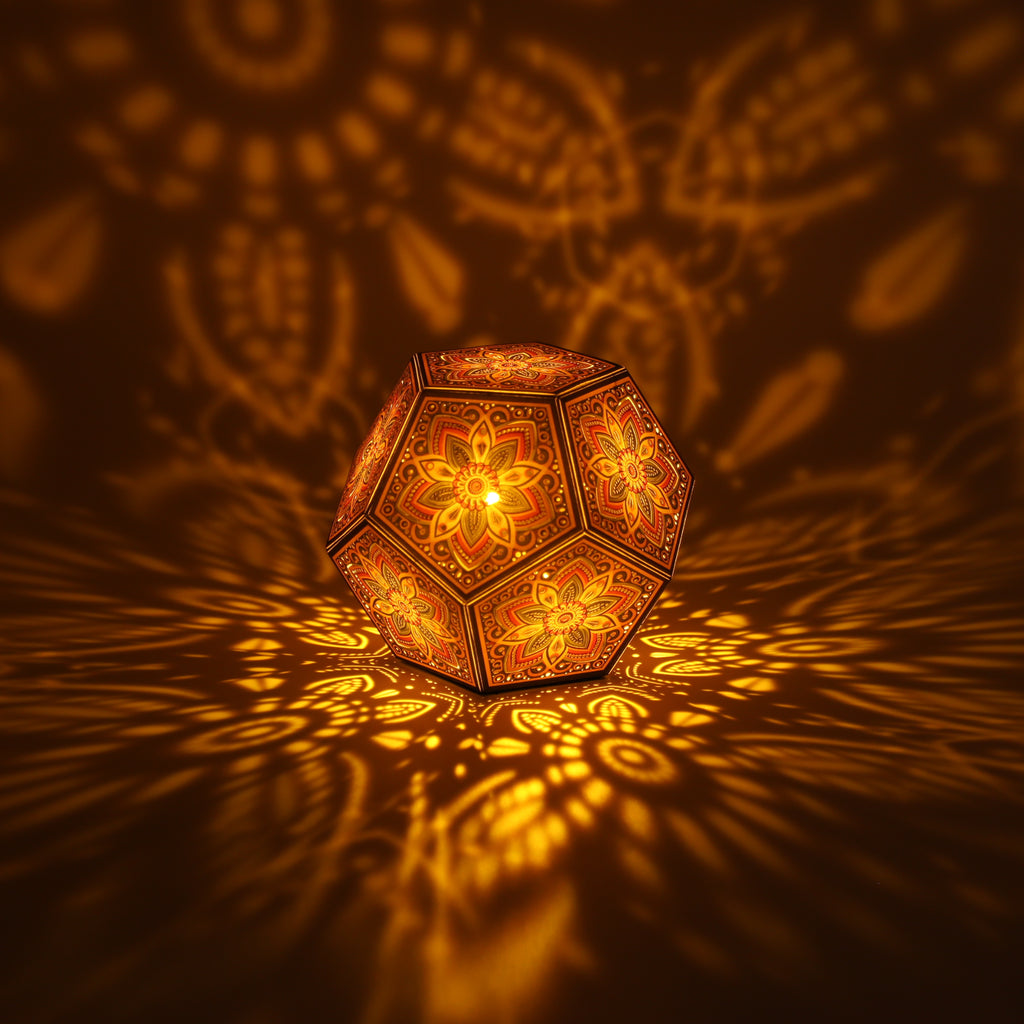 MikhaLuma Storge dodecahedron lantern in Amber style, lit with a warm amber tone