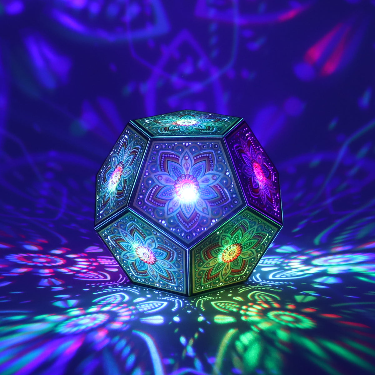 MikhaLuma Storge dodecahedron lantern in Shadow Caster style, casting geometric light patterns across a dark room