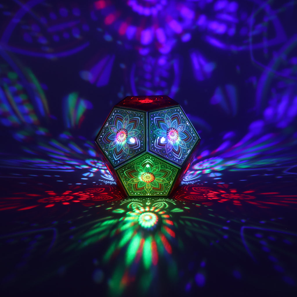 MikhaLuma Storge dodecahedron lantern in Shadow Caster style, casting geometric light patterns across a dark room