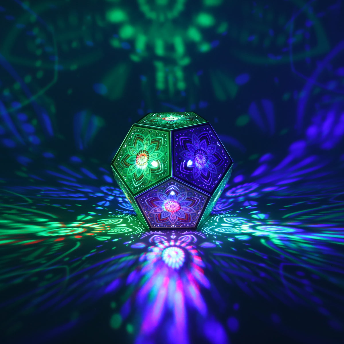 MikhaLuma Storge dodecahedron lantern in Shadow Caster style, casting geometric light patterns across a dark room
