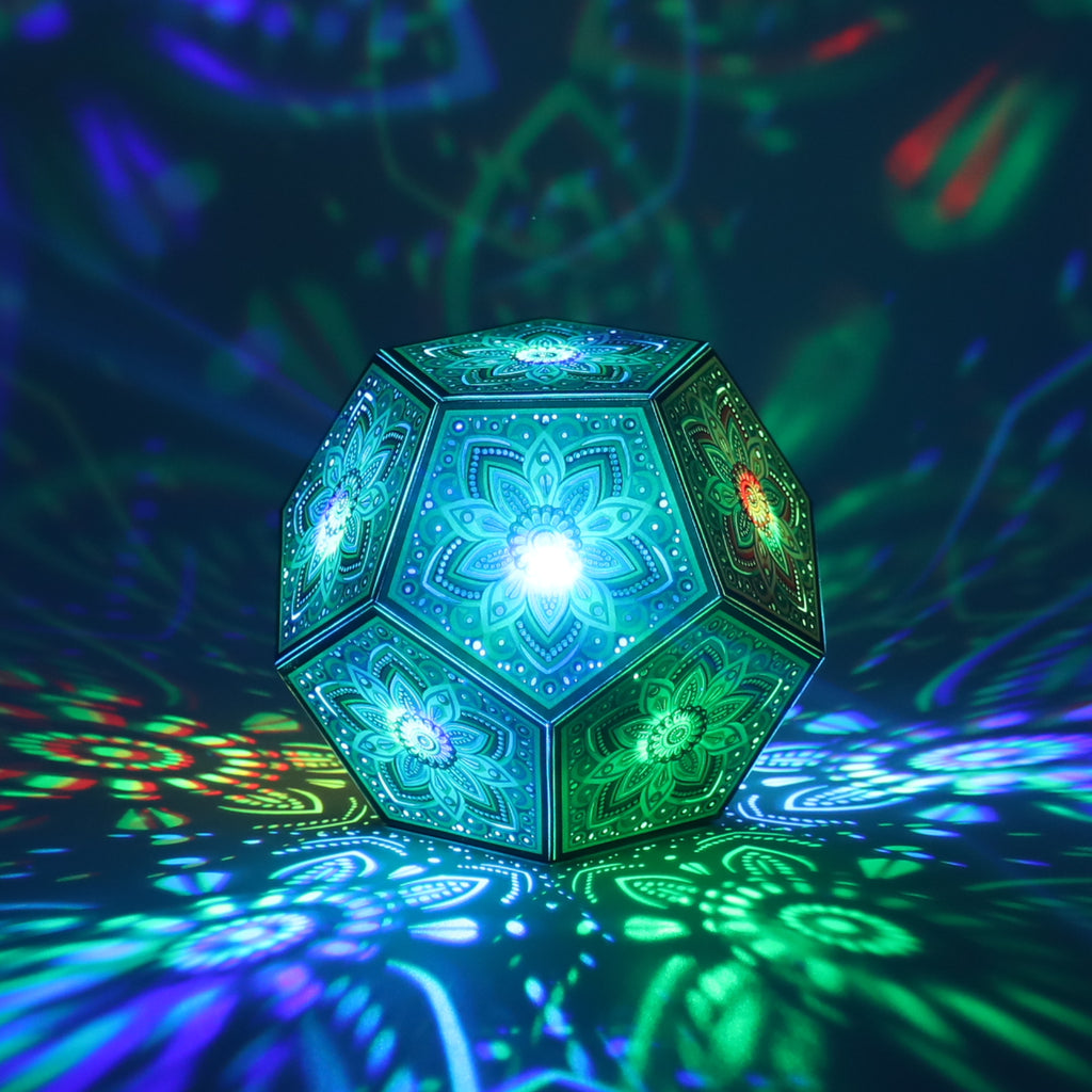 MikhaLuma Storge dodecahedron lantern in Shadow Caster style, casting geometric light patterns across a dark room
