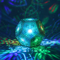 MikhaLuma Storge dodecahedron lantern in Shadow Caster style, casting geometric light patterns across a dark room