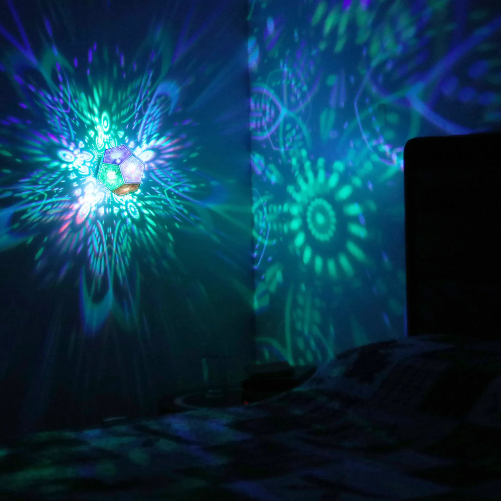 MikhaLuma Storge dodecahedron lantern in Shadow Caster style, projected pattern wrapping a wall corner