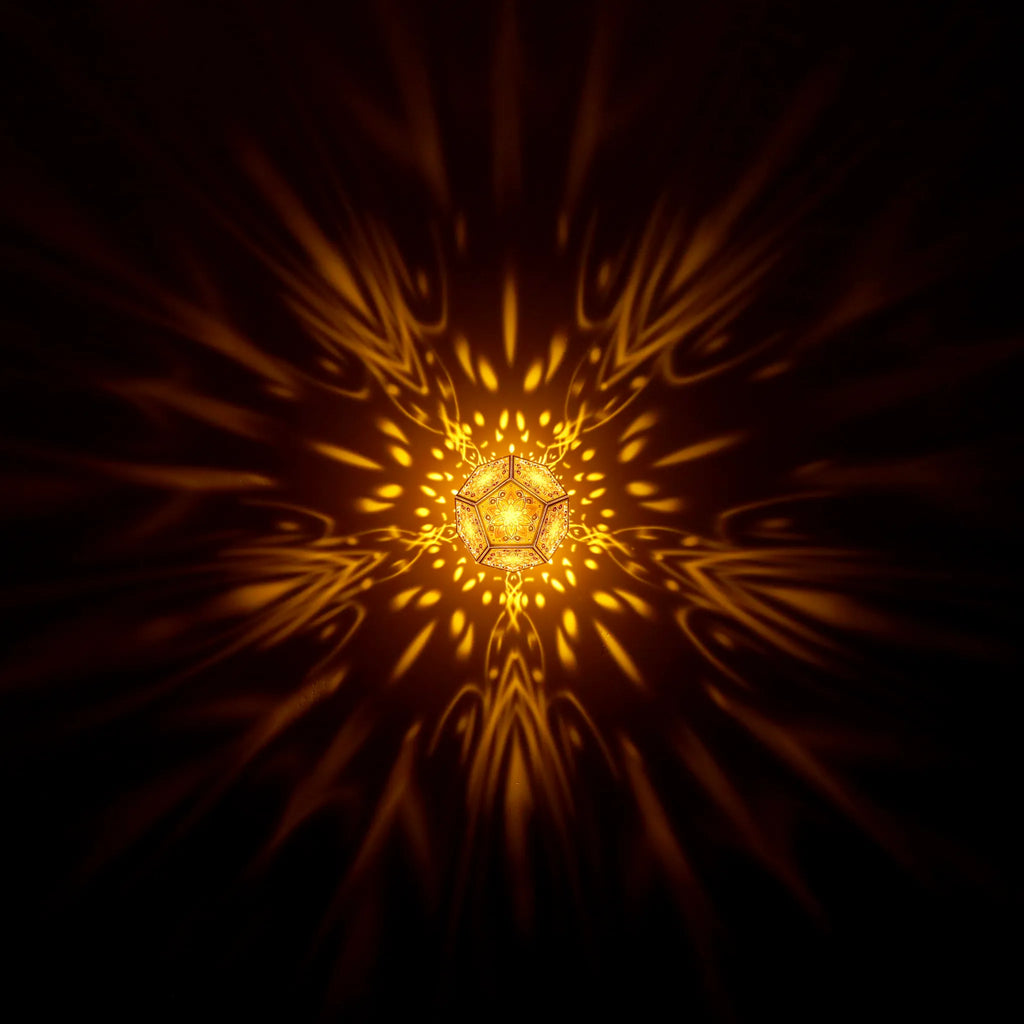 MikhaLuma Eunoia dodecahedron lantern in Amber style, warm amber light washing a wall