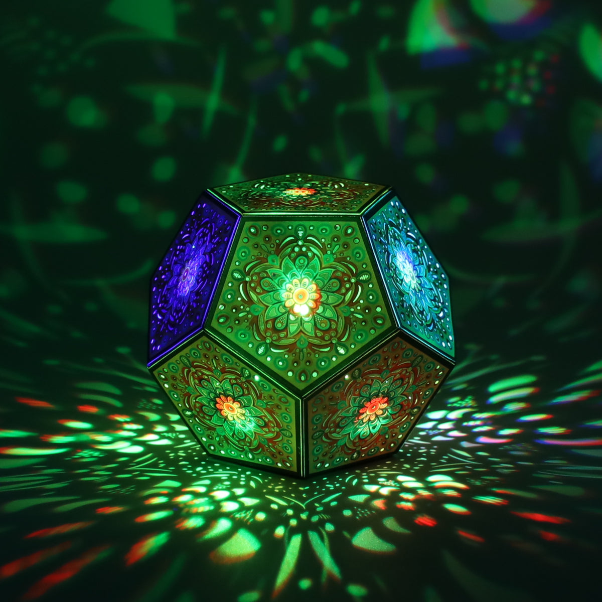 MikhaLuma Eunoia dodecahedron lantern in Shadow Caster style, casting geometric light patterns across a dark room