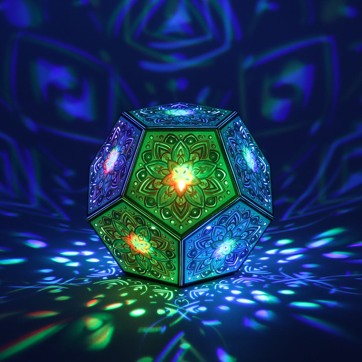 MikhaLuma Philia dodecahedron lantern in Shadow Caster style, casting geometric light patterns across a dark room