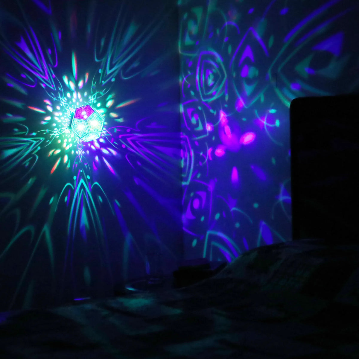MikhaLuma Philia dodecahedron lantern in Shadow Caster style, projected pattern wrapping a wall corner