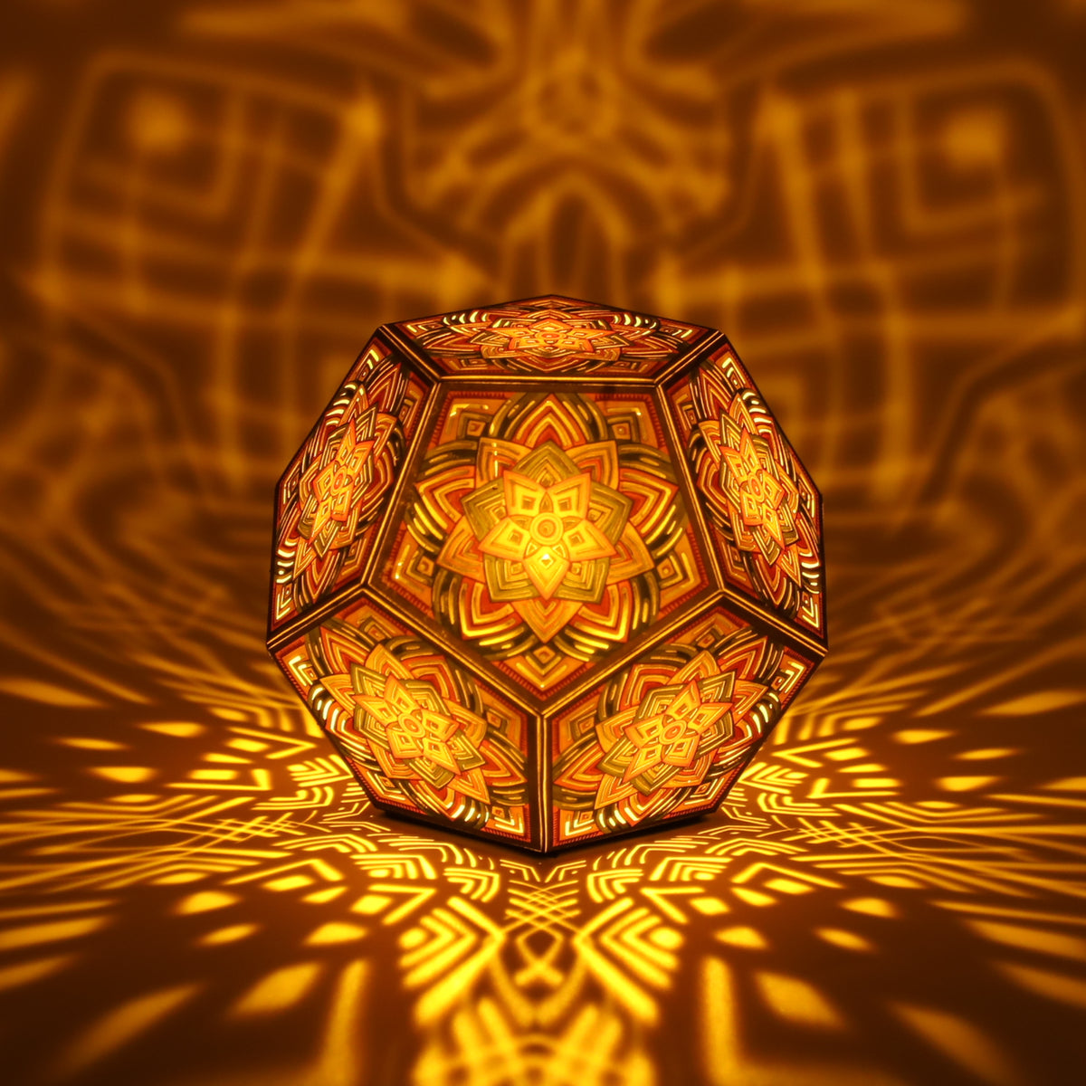 MikhaLuma Arete dodecahedron lantern in Amber style, lit with a warm amber tone