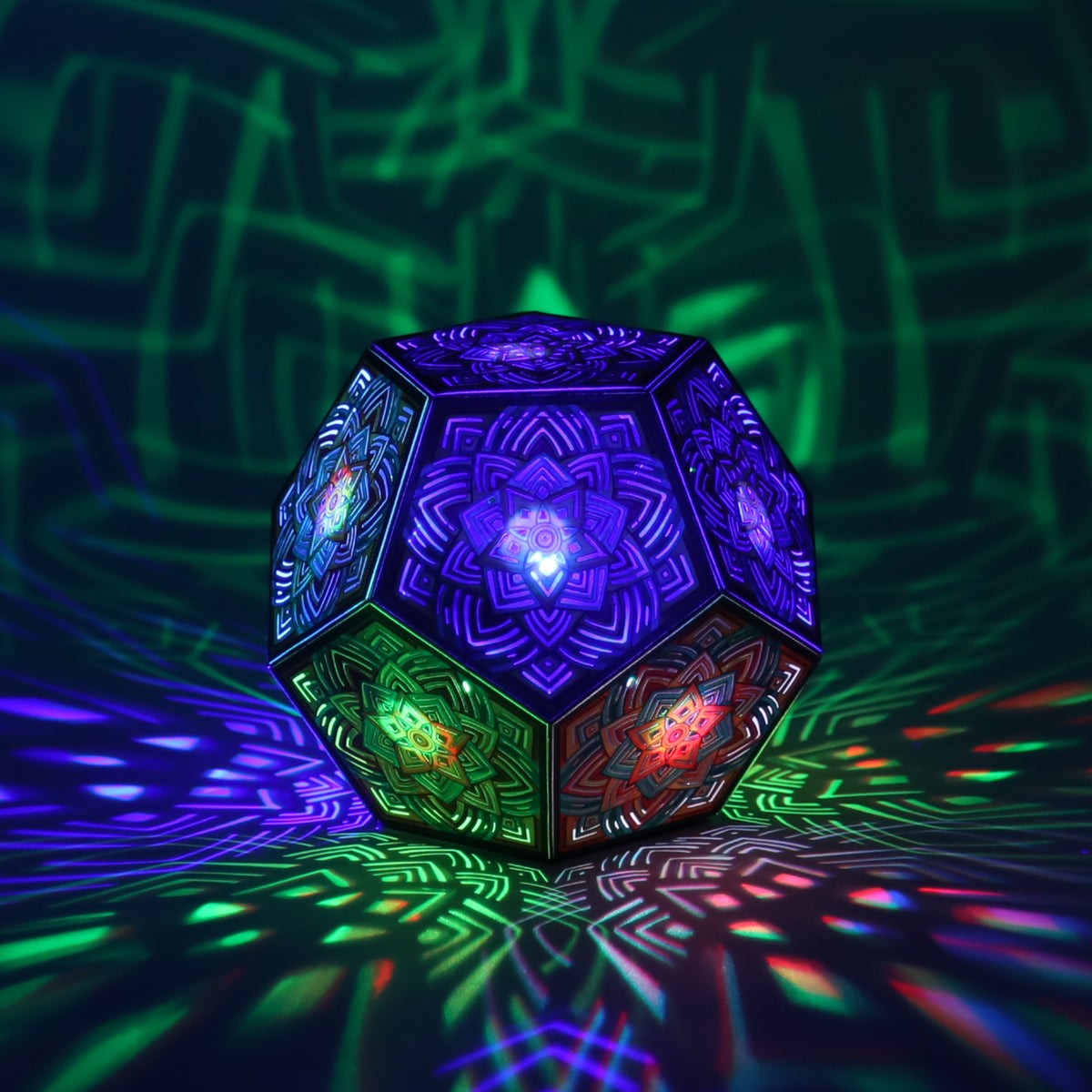 MikhaLuma Arete dodecahedron lantern in Shadow Caster style, casting geometric light patterns across a dark room