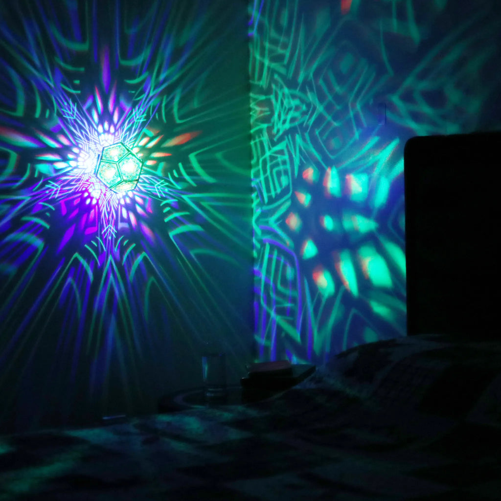 MikhaLuma Arete dodecahedron lantern in Shadow Caster style, projected pattern wrapping a wall corner