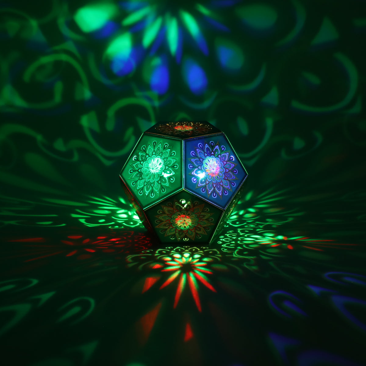 MikhaLuma Episteme dodecahedron lantern in Shadow Caster style, casting geometric light patterns across a dark room