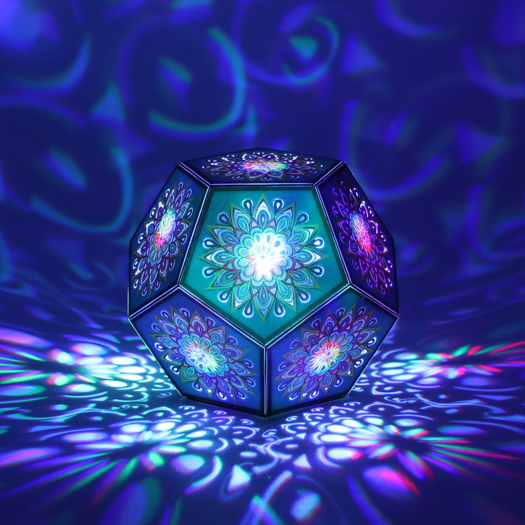 MikhaLuma Episteme dodecahedron lantern in Shadow Caster style, casting geometric light patterns across a dark room