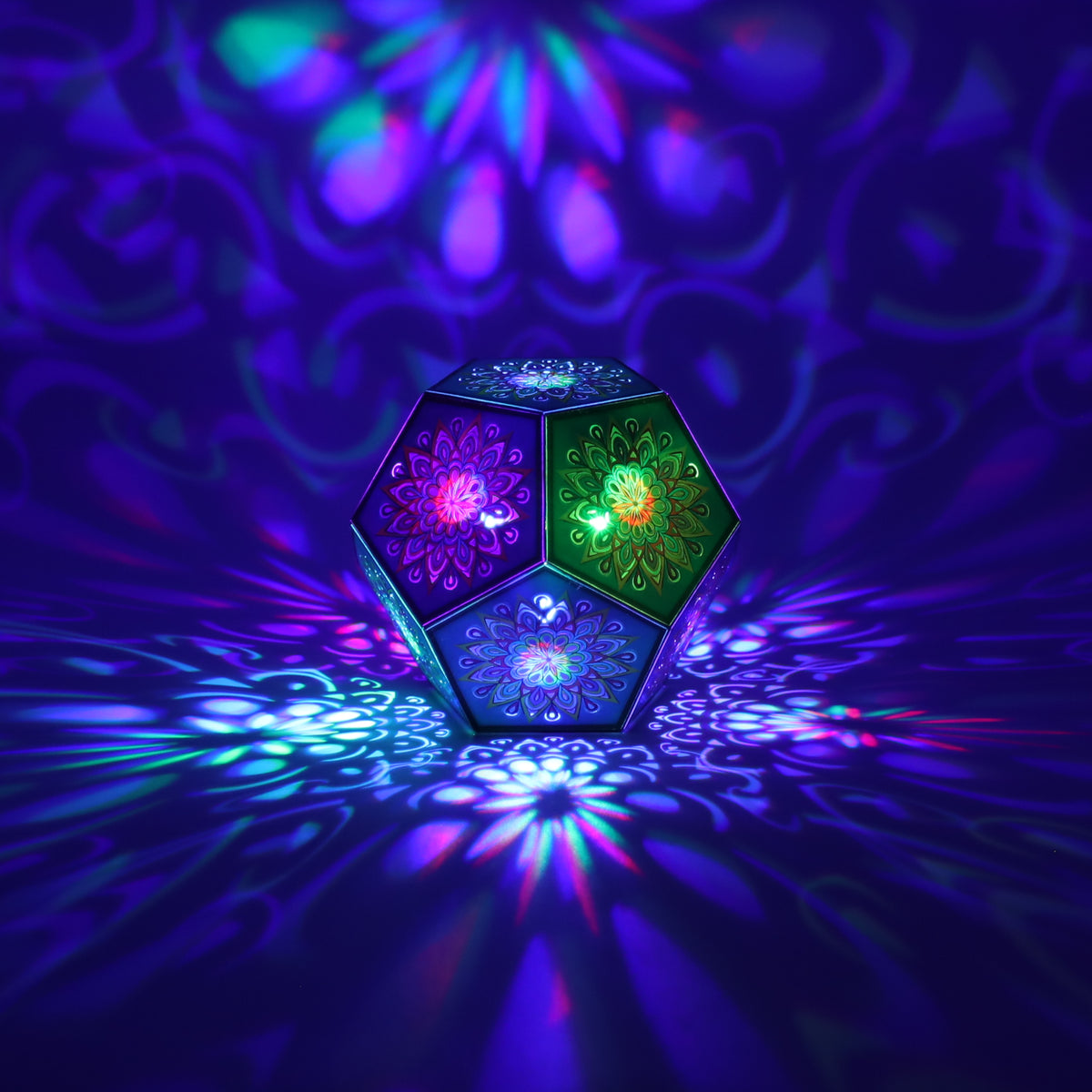 MikhaLuma Episteme dodecahedron lantern in Shadow Caster style, casting geometric light patterns across a dark room
