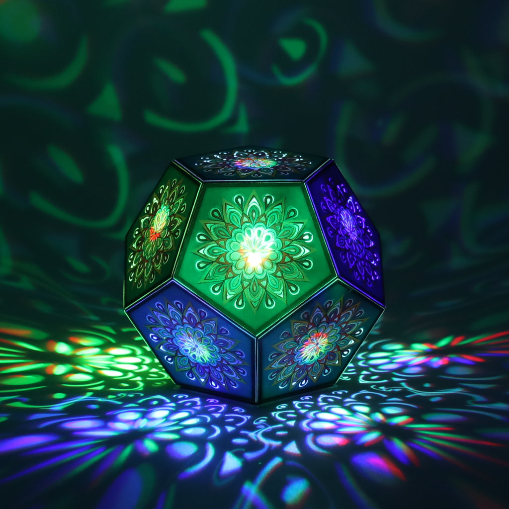 MikhaLuma Episteme dodecahedron lantern in Shadow Caster style, casting geometric light patterns across a dark room