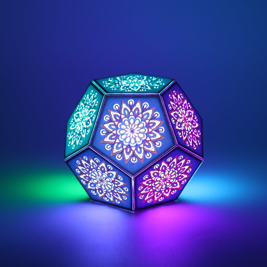 MikhaLuma Episteme dodecahedron lantern in Glow style, glowing softly from within