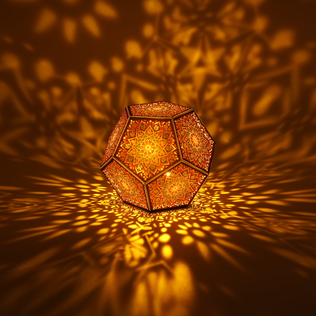 MikhaLuma Eudaimonia dodecahedron lantern in Amber style, lit with a warm amber tone