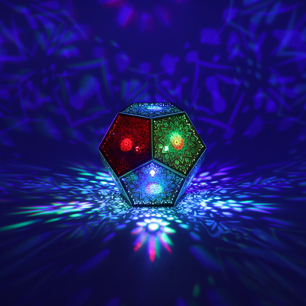 MikhaLuma Eudaimonia dodecahedron lantern in Shadow Caster style, casting geometric light patterns across a dark room