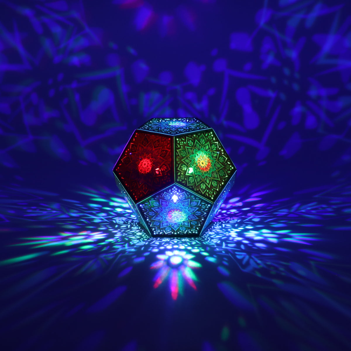 MikhaLuma Eudaimonia dodecahedron lantern in Shadow Caster style, casting geometric light patterns across a dark room