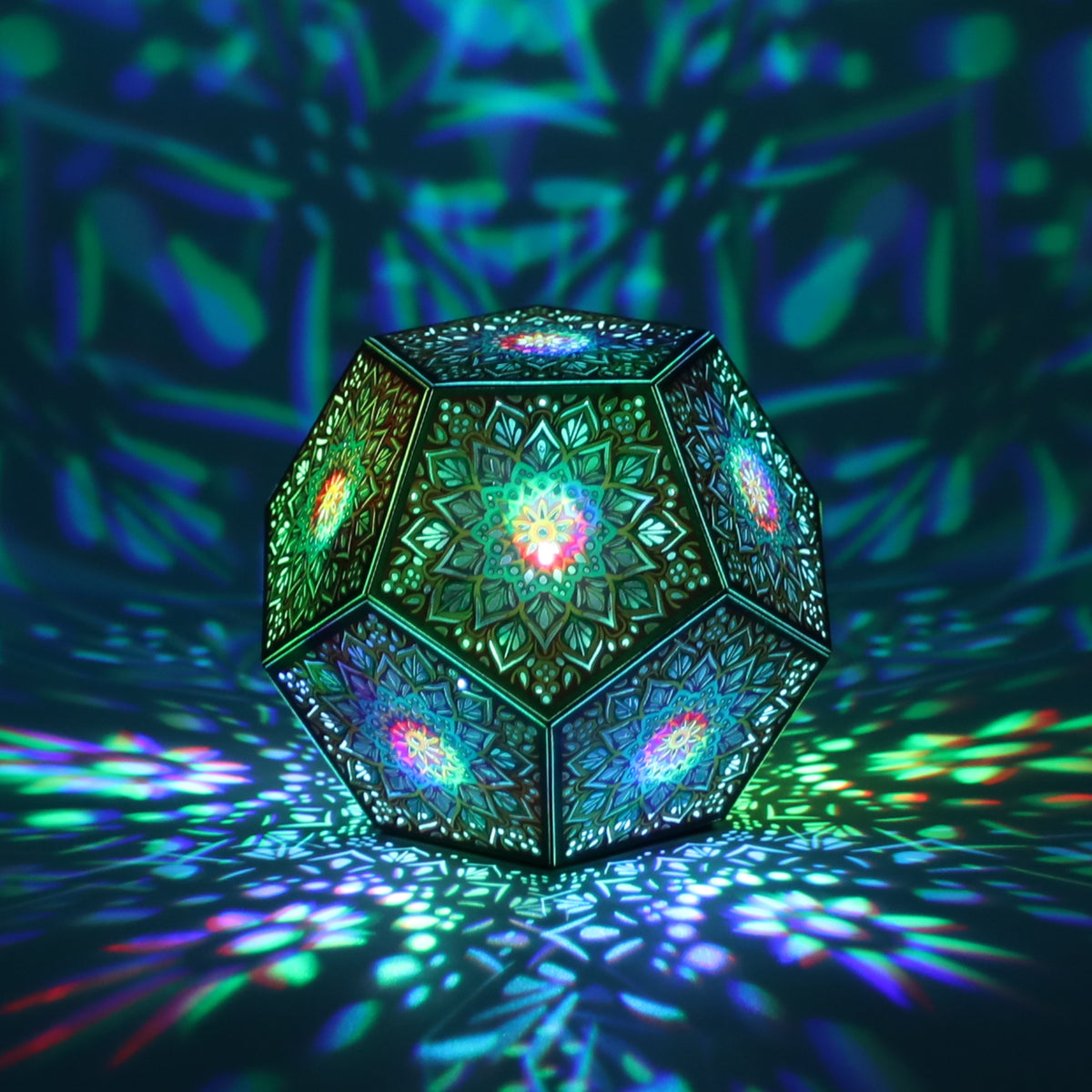 MikhaLuma Eudaimonia dodecahedron lantern in Shadow Caster style, casting geometric light patterns across a dark room