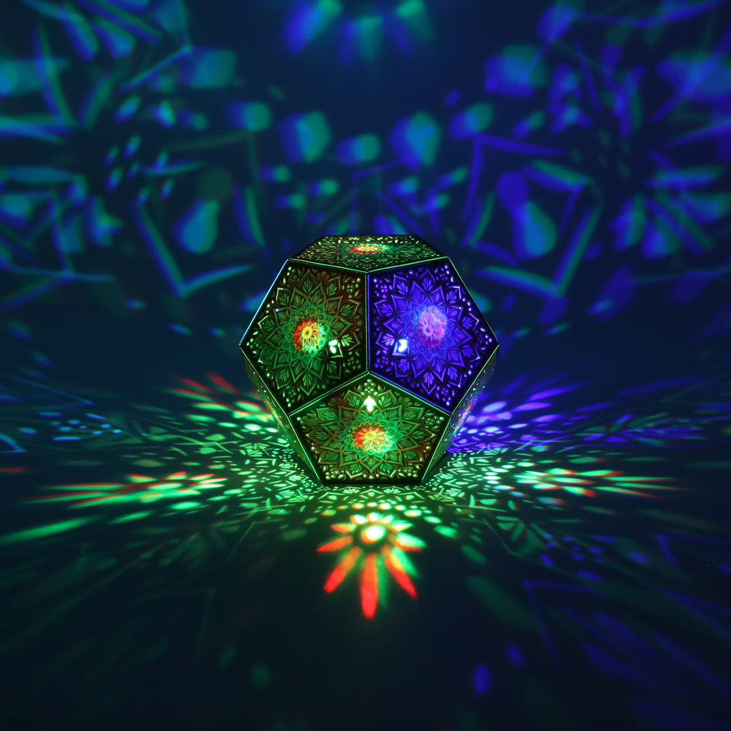 MikhaLuma Eudaimonia dodecahedron lantern in Shadow Caster style, casting geometric light patterns across a dark room
