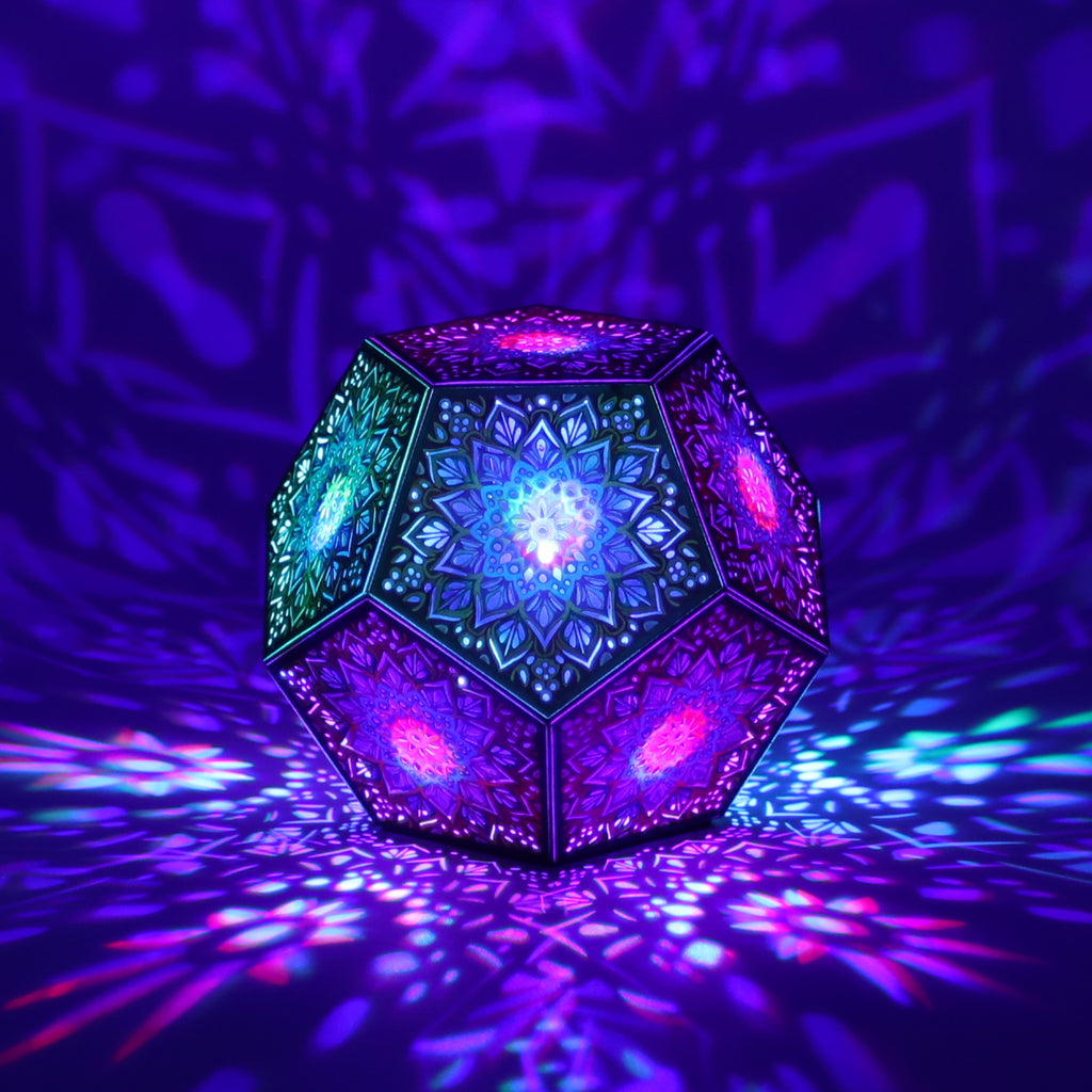 MikhaLuma Eudaimonia dodecahedron lantern in Shadow Caster style, casting geometric light patterns across a dark room
