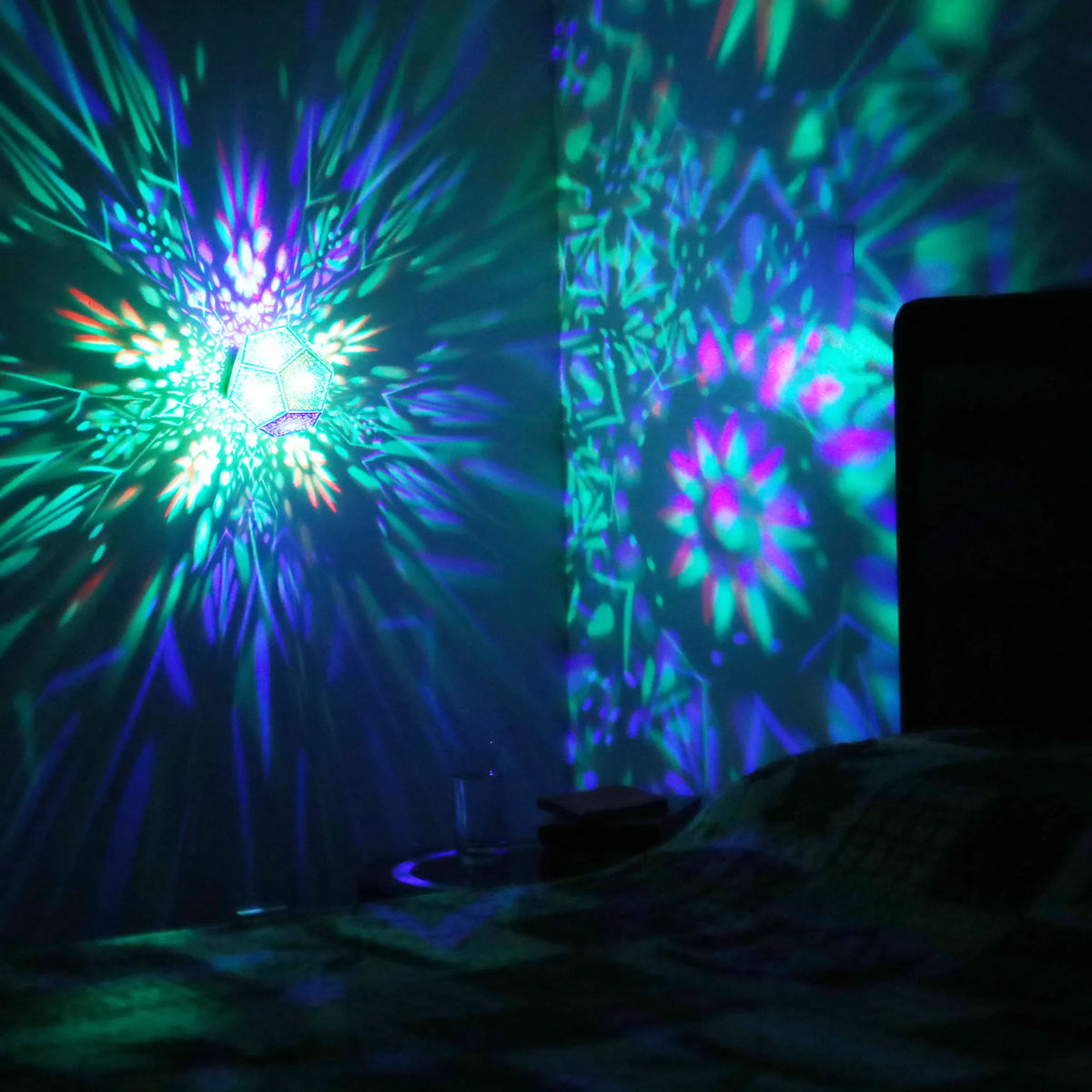 MikhaLuma Eudaimonia dodecahedron lantern in Shadow Caster style, projected pattern wrapping a wall corner