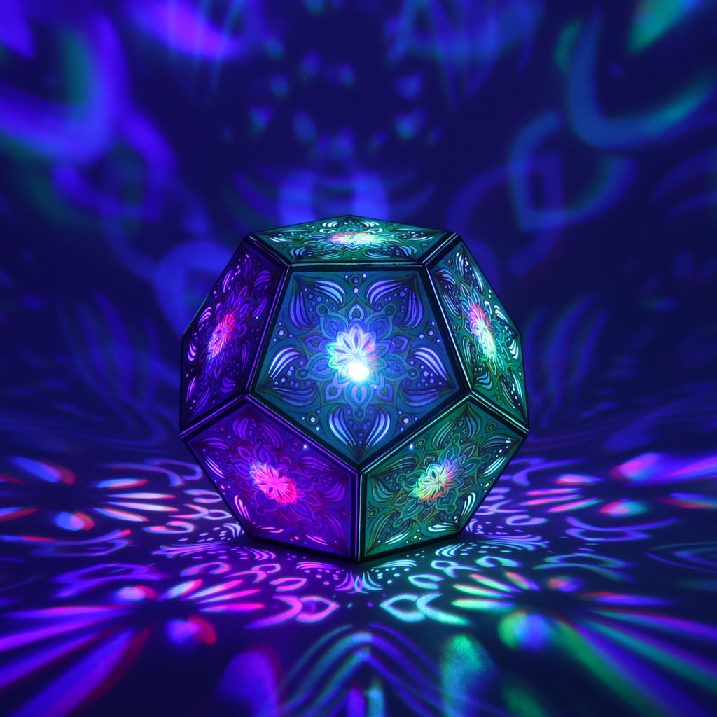 MikhaLuma Ataraxia dodecahedron lantern in Shadow Caster style, casting geometric light patterns across a dark room
