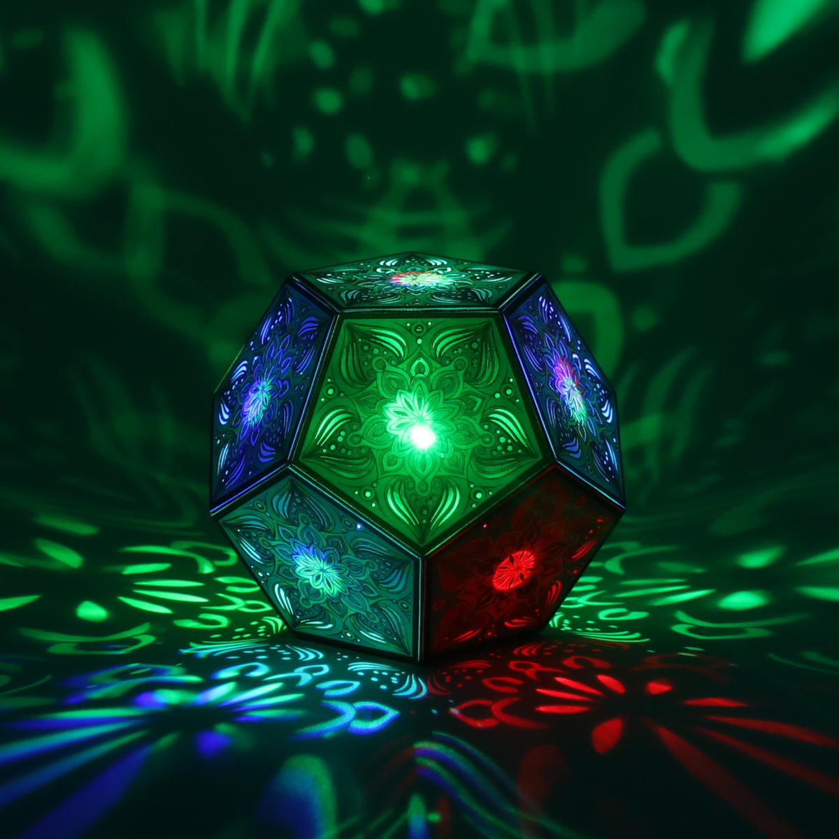 MikhaLuma Ataraxia dodecahedron lantern in Shadow Caster style, casting geometric light patterns across a dark room