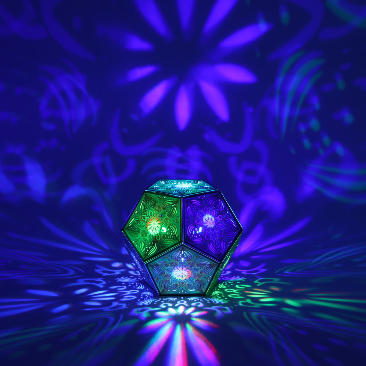 MikhaLuma Ataraxia dodecahedron lantern in Shadow Caster style, casting geometric light patterns across a dark room