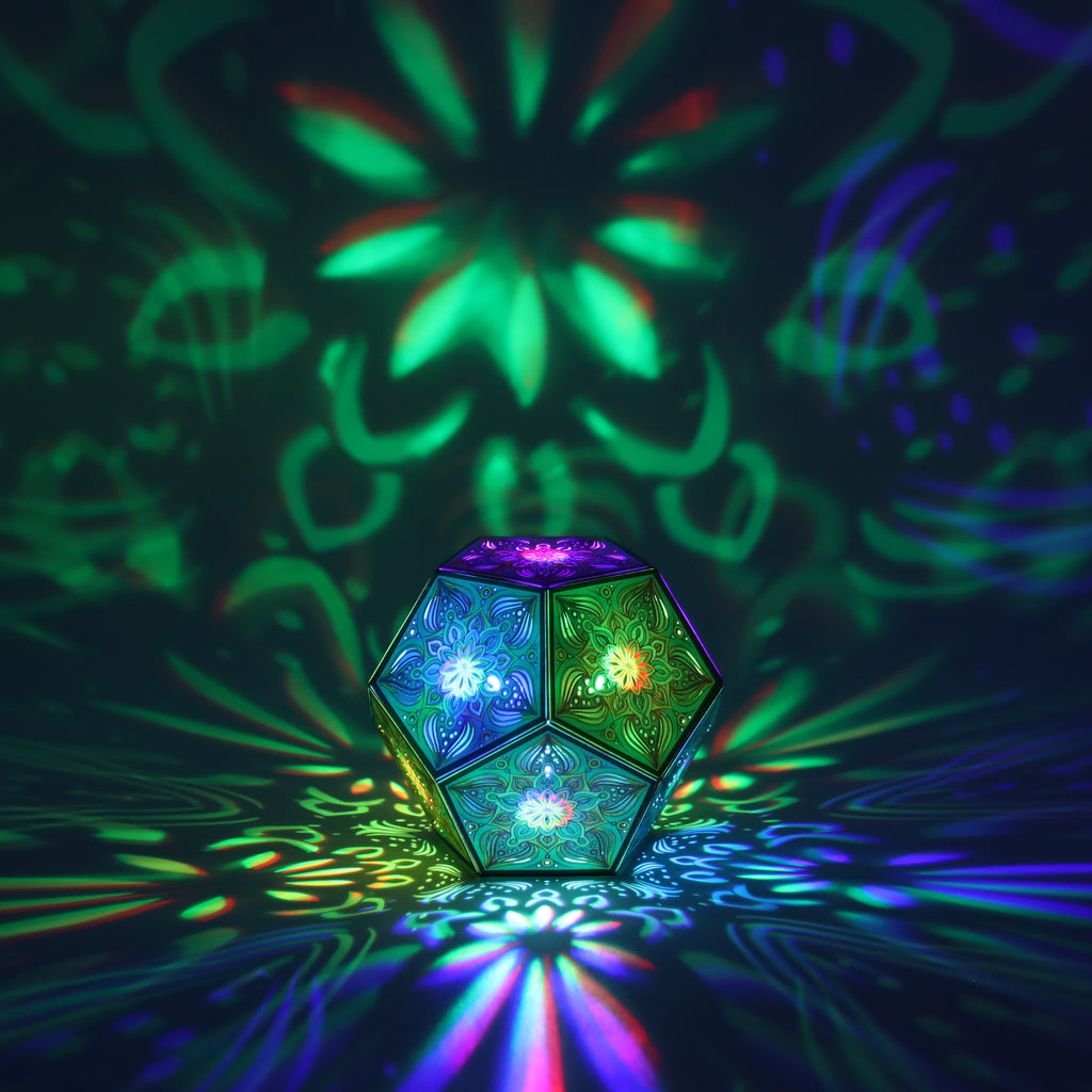 MikhaLuma Ataraxia dodecahedron lantern in Shadow Caster style, casting geometric light patterns across a dark room