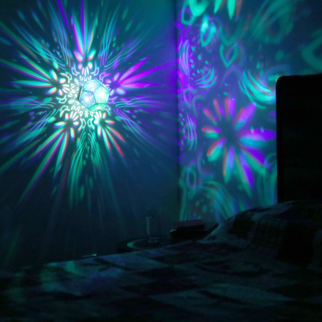 MikhaLuma Ataraxia dodecahedron lantern in Shadow Caster style, projected pattern wrapping a wall corner