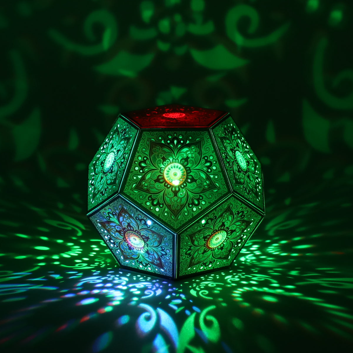 MikhaLuma Aletheia dodecahedron lantern in Shadow Caster style, casting geometric light patterns across a dark room