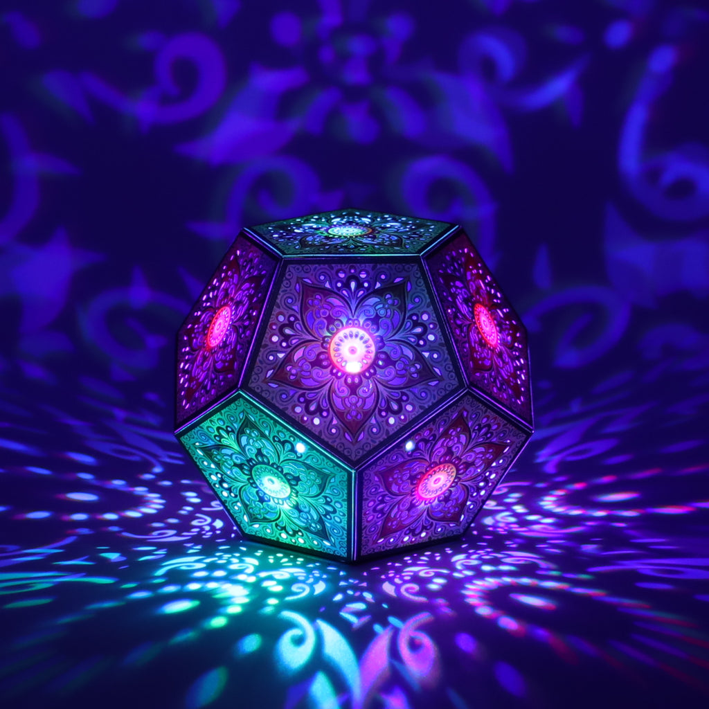 MikhaLuma Aletheia dodecahedron lantern in Shadow Caster style, casting geometric light patterns across a dark room