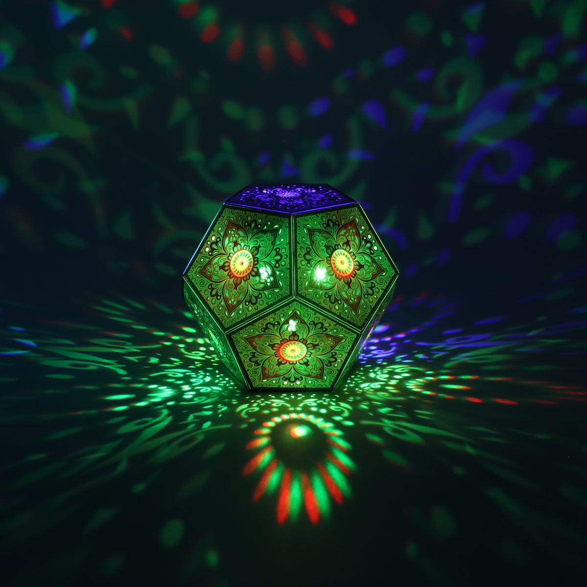 MikhaLuma Aletheia dodecahedron lantern in Shadow Caster style, casting geometric light patterns across a dark room