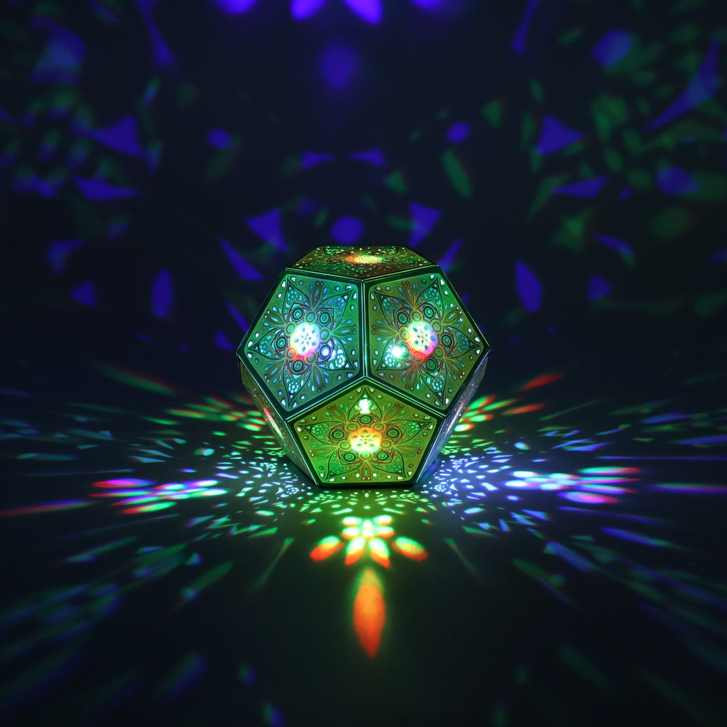 MikhaLuma Phronesis dodecahedron lantern in Shadow Caster style, casting geometric light patterns across a dark room