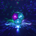 MikhaLuma Phronesis dodecahedron lantern in Shadow Caster style, casting geometric light patterns across a dark room