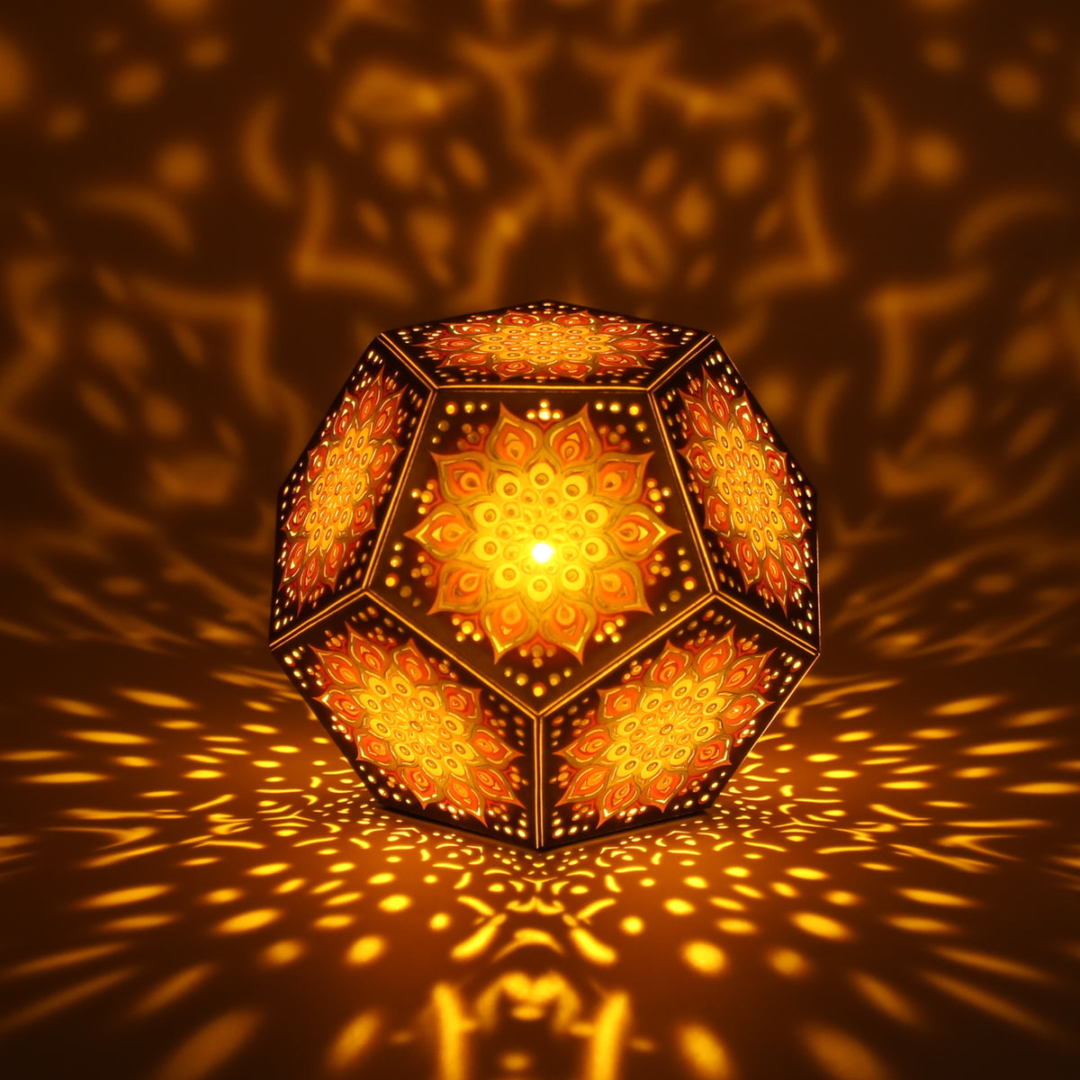 MikhaLuma Oneiros dodecahedron lantern in Amber style, lit with a warm amber tone