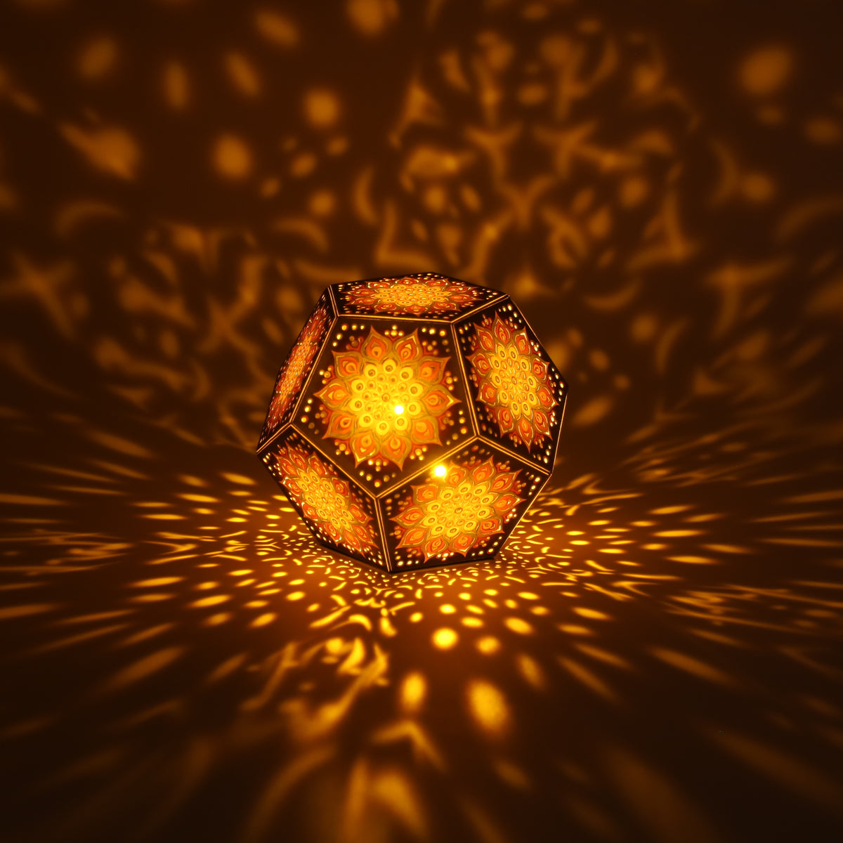 MikhaLuma Oneiros dodecahedron lantern in Amber style, lit with a warm amber tone