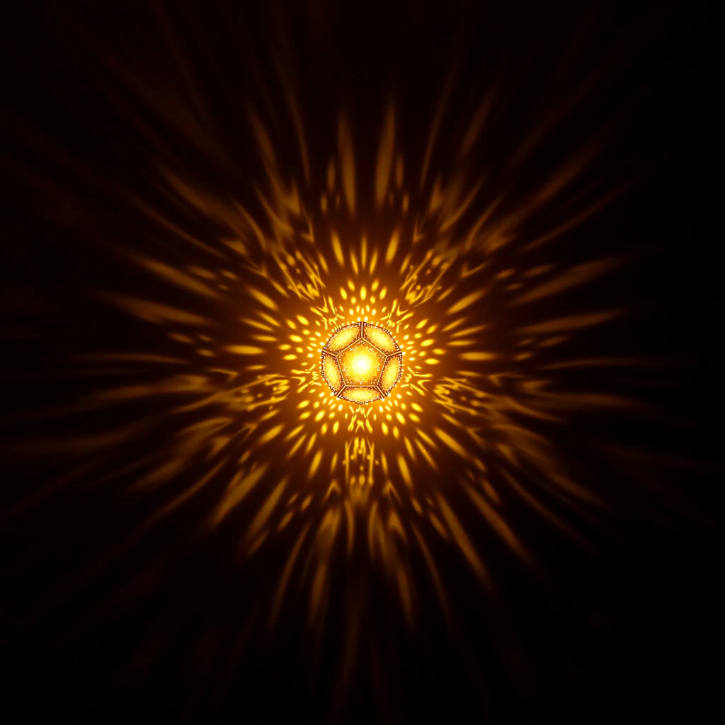 MikhaLuma Oneiros dodecahedron lantern in Amber style, warm amber light washing a wall