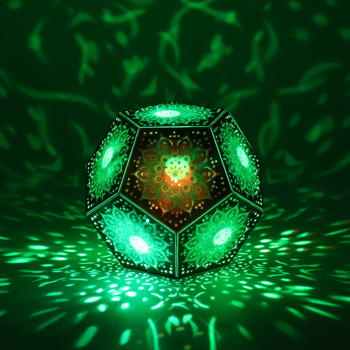 MikhaLuma Oneiros dodecahedron lantern in Shadow Caster style, casting geometric light patterns across a dark room