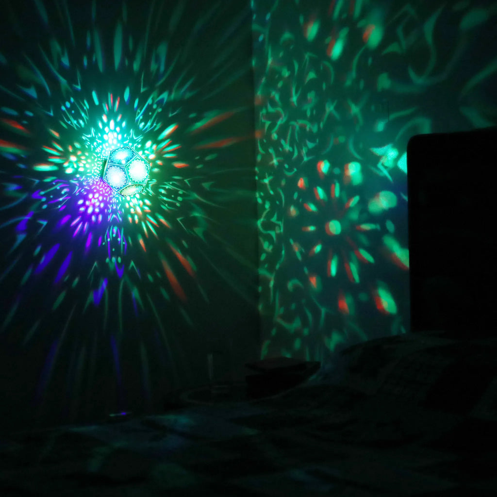MikhaLuma Oneiros dodecahedron lantern in Shadow Caster style, projected pattern wrapping a wall corner